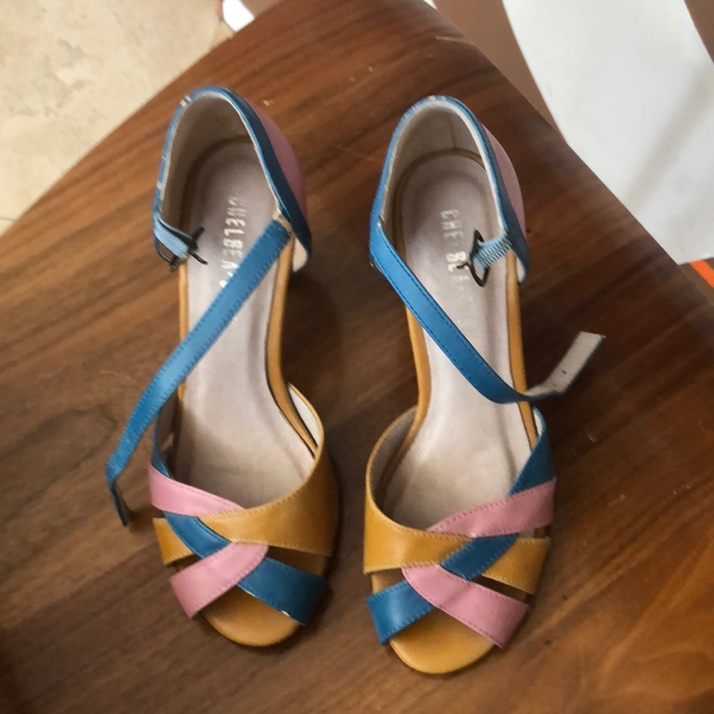 Heels shoes spring 3” size 6 pink blue tan strapy